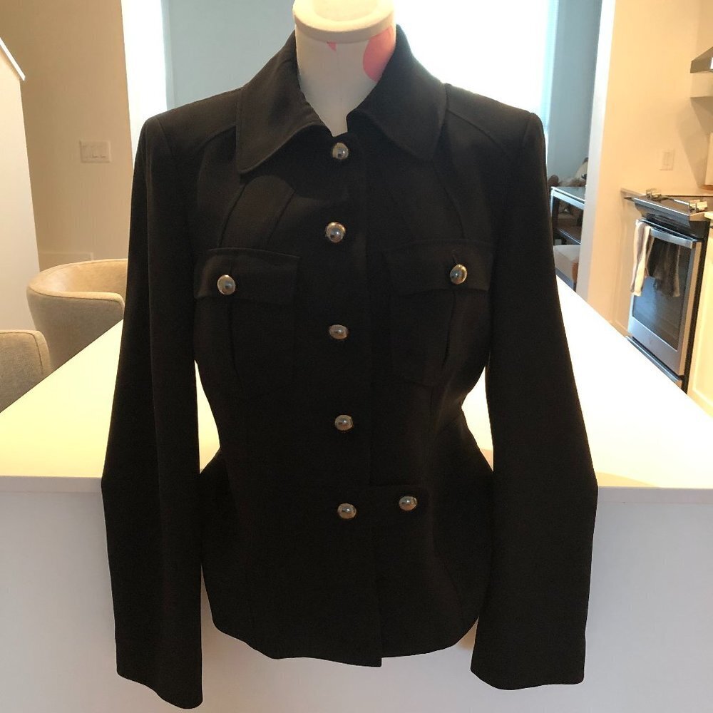 Planet 6 Button Collared Lined Blazer Jacket w Padded Shoulders Navy Blue Sz 8